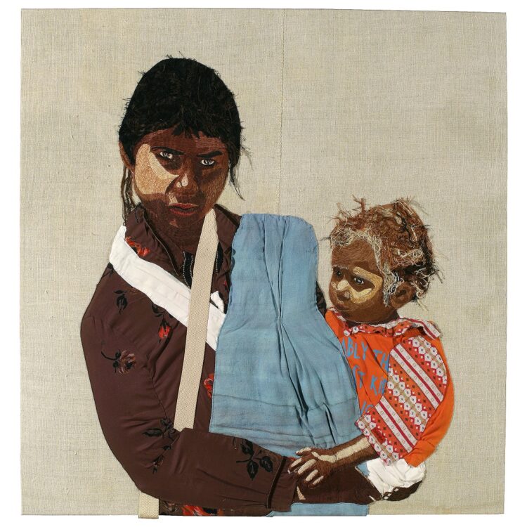 Aran Illingworth, Madonna and Child, 2011. 57cm x 57cm (22” x 22”). Appliqué, hand and machine stitch. New and recycled fabric on antique linen sackcloth. Photo: Kevin Mead.