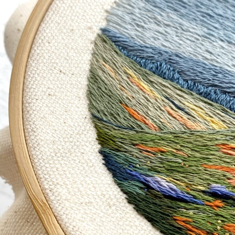 Cassandra Dias, Tree landscape study (detail), 2023. 9cm (3.5"). Thread painting. Cotton embroidery thread, canvas, bamboo hoop.
