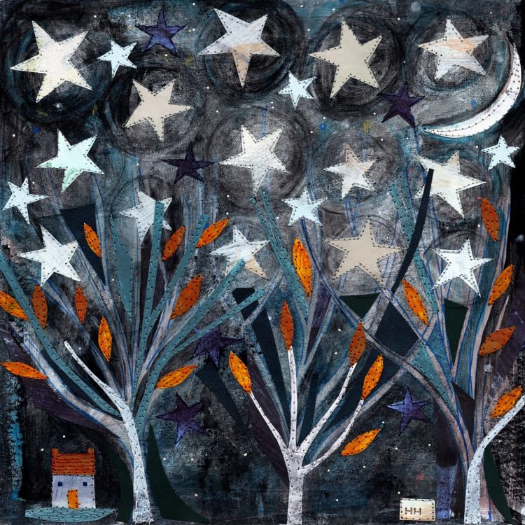 Helen Hallows, Moon and Stars, 2020. 30cm x 30cm (12" x 12"). Paint, collage, machine stitch. Paper, acrylic paint.