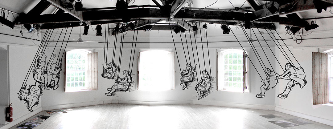 A sketch of an installation of children on a merry go round swing in airy white room