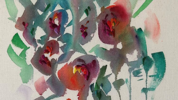 Elizabeth Griffiths, Floral (detail), 2022. 30cm x 30cm (12” x 12”). Watercolour, embroidery. Fabric, watercolour, embroidery thread.