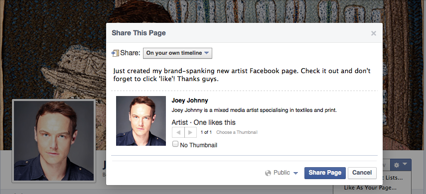 Facebook for artists - sharing your new Artist Facebook page.